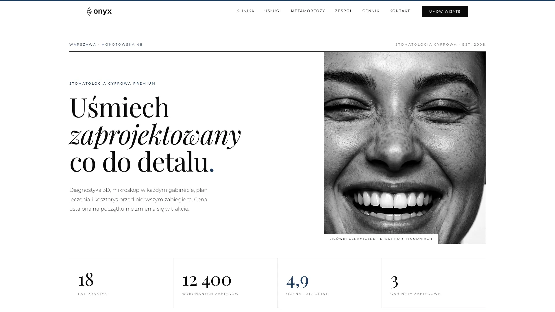 Onyx Stomatologia, strona www zaprojektowana przez białe studio